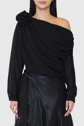 Ensley Flower Single Shoulder Mesh Top In Black